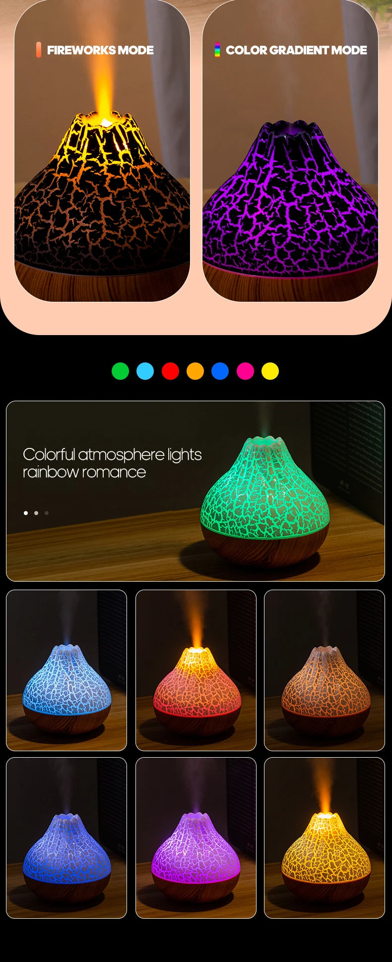 300ml Volcanic Air Humidifier Desktop Electric Water Mist Diffuser Purifier Air Freshener With 7 Colors