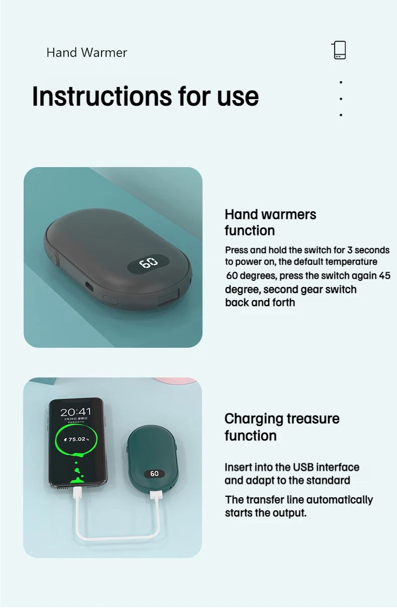 New Hand Warmer Power Bank 2in1 USB Rechargeable Winter Mini Hand Warmer Electric Heater Pocket Warmer high-capacity Winter Gift