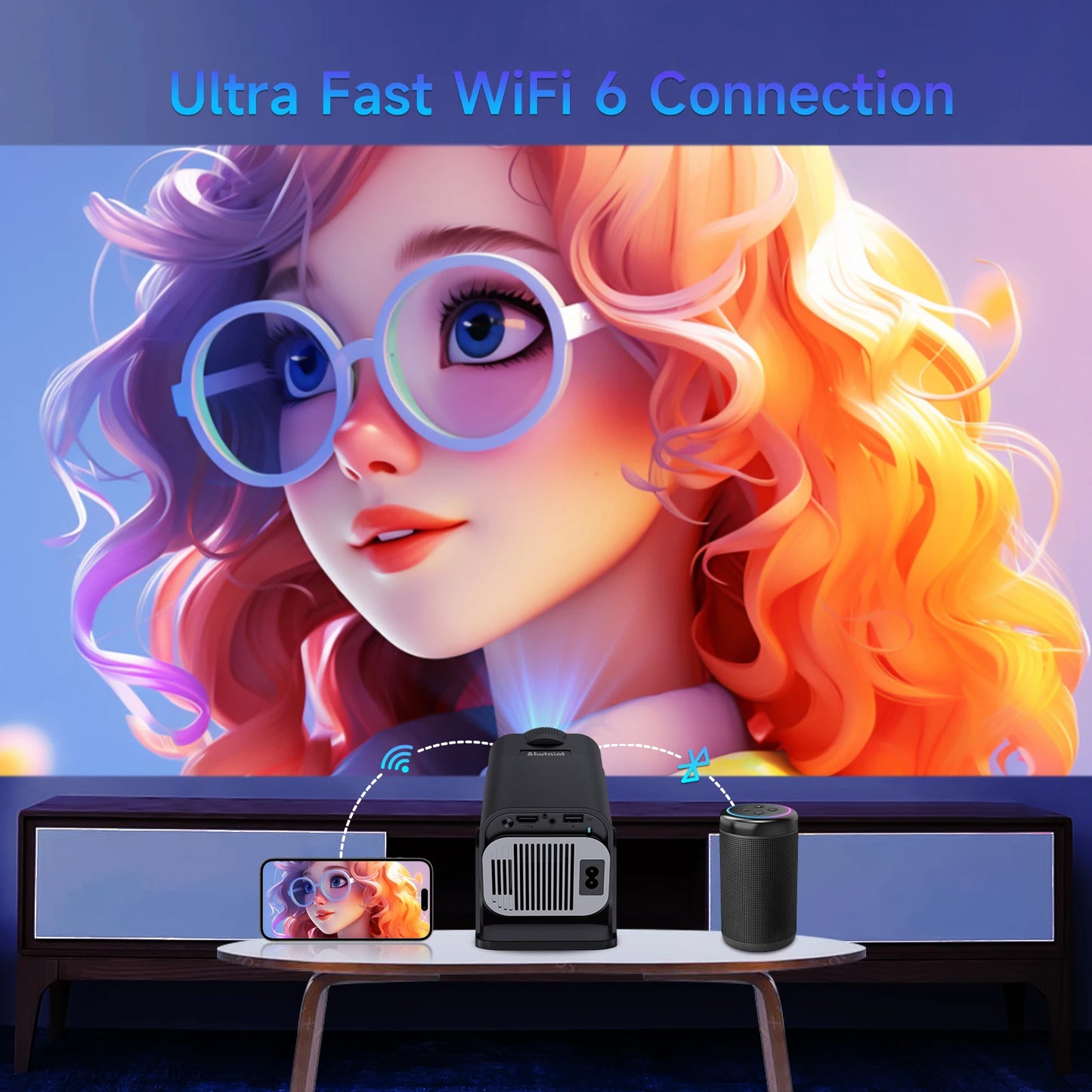 Mini Portable Projector 4K with WiFi and Bluetooth, Native 1080P HY320 Smart Projector with Android 11, Support WiFi 6 BT5.0 Auto Keystone Correction 150'' Display Short Throw Projector