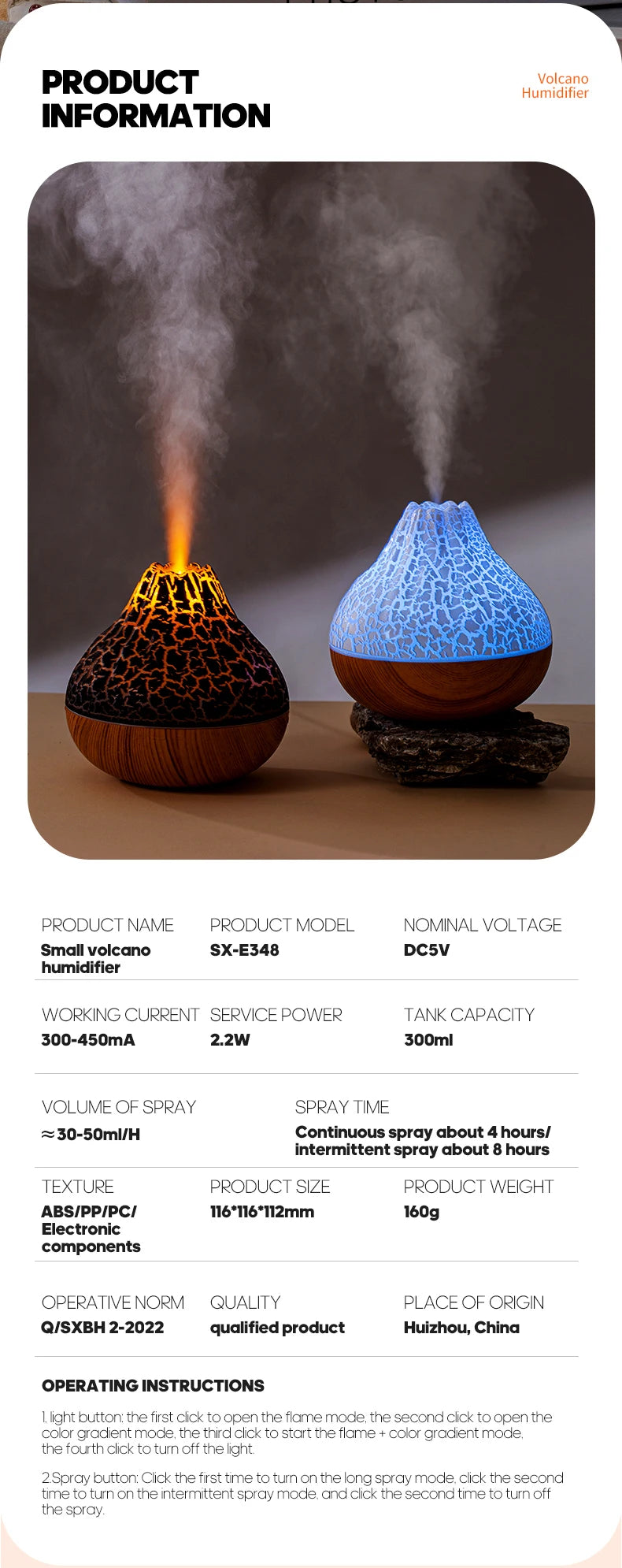 300ml Volcanic Air Humidifier Desktop Electric Water Mist Diffuser Purifier Air Freshener With 7 Colors