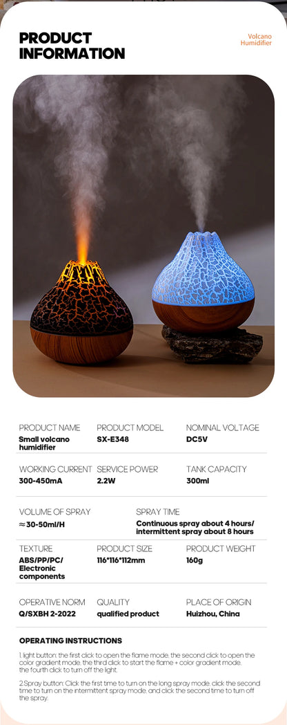 300ml Volcanic Air Humidifier Desktop Electric Water Mist Diffuser Purifier Air Freshener With 7 Colors