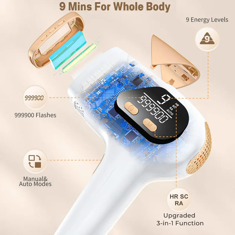 Laser Hair Removal Device for Women and Men, 3-in-1 Upgraded 999,900+ Flashes at-Home IPL Hair Removal Device, Laser Hair Removal with 2 Mode 9 Energy Levels